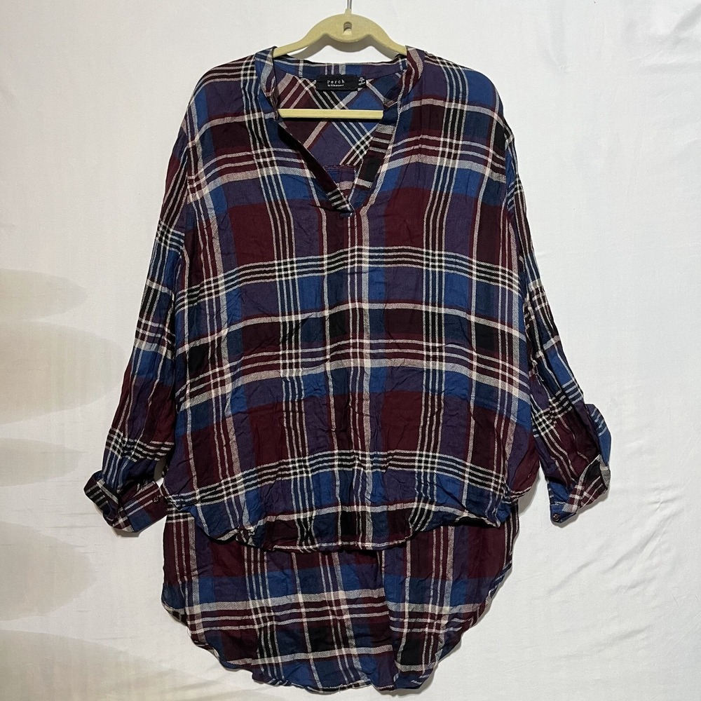 Perch By Blu Pepper Shirt Top Women's 3XL Brown Plaid Split Neck‎ High Low Hem